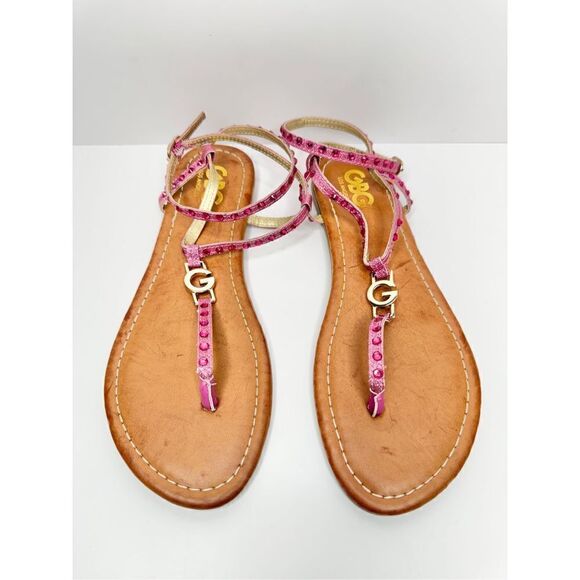 GBG Los Angeles T Strap Sandals Size 7.5 Pink Gold Logo Ankle Strap - Picture 1 of 6